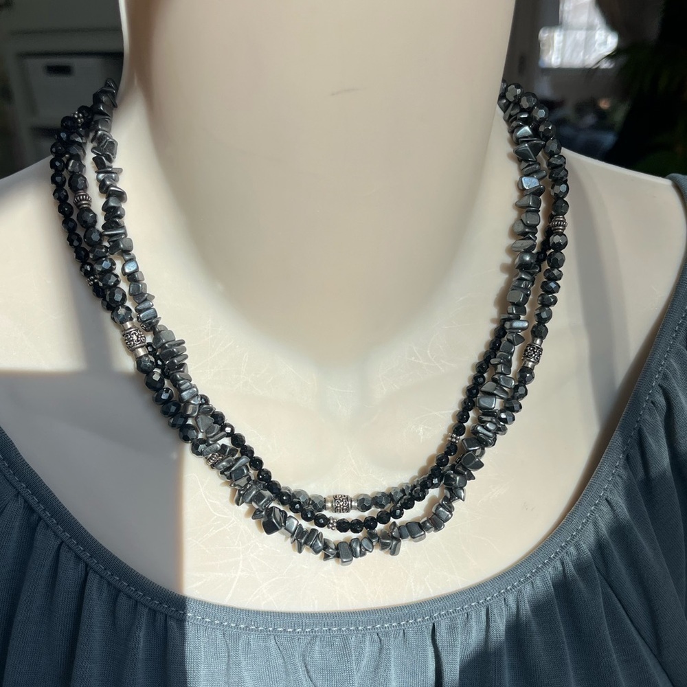 Black 3 Strand Necklace with Silver Tone Accents - Picture 8 of 16